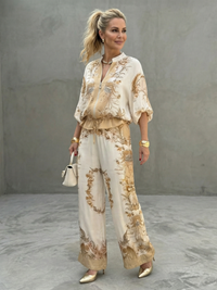 Malia | Zip-Front Blouson Top Printed Two-Piece Set