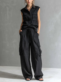 Julia | Linen Sleeveless Shirt and Wide Leg Cargo Pants Set