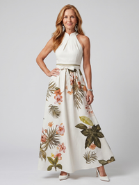 Maria | Draped Halter Botanical Panel Maxi Dress