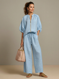 Helena | Zip-Front Blouson Top & Wide-Leg Trousers Two-Piece Set