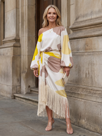 Clara | Abstract Print Fringe Hem Midi Dress