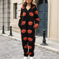 Natalie | Hooded Pumpkin Fleece Halloween Jumpsuit