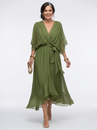 Aliya | V Neck Draped Waist Tie Midi Dress