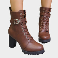 Rowena | Lace-Up Buckle Block Heel Combat Ankle Boots