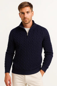 Roman | Classic Cable-Knit Knitted Sweater with Quarter-Zip Collar