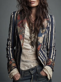Naomi | Bohemian Floral Design Striped Blazer