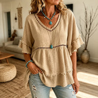 Melanie | Bohemian Babydoll Blouse with Eyelet Cutouts and Fringe Hem