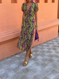 Amelie | Short Sleeve Floral V Neck Midi Dress