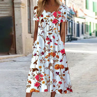 Analia | Elegant & Botanical Print Short Sleeve Midi Dress