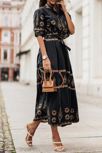 Elise | Sophisticated Geometric Printed Collared Midi Dress