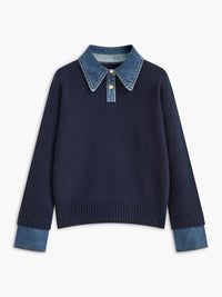 Layan | Comfortable And Warm Denim-Collar Knit Polo Sweater
