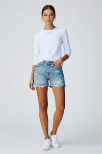 Julia | Distressed And Comfortable Fringe Hem Denim Shorts