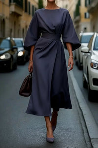 Lydia | Elegant Lantern-Sleeve Waist-Cinching Cocktail Midi Dress