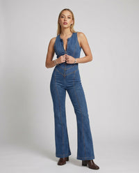 Evelyn | Retro Inspired Fitted Denim Flare Jumpsuit