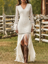Maria | Elegant V-Neck Long Sleeve Maxi Dress with Tassel Details