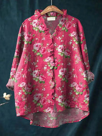 Emilia | Relaxed-Fit Floral Ruffle-Trim Linen Button-Down Blouse