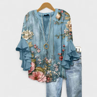 Elise | Elegant V-Neck Floral Tops with Ruffle Sleeves