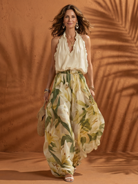 Alaia | Floral Halter Neck Ruffle Blouse & Wide-Leg Trouser Set