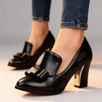 Naomi | Women's Bow Detail Block Heel Loafer Pumps