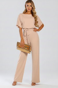Caroline | Elegant Short Sleeve Wide-Leg Belted Jumpsuit