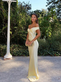 Emery | Elegant Satin Off-The-Shoulder Wedding Guest Dress