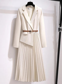 Linda | Professional Belted Blazer Style Pleated Midi Dress