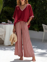 Victoria | Elegant Striped V-Neck Wide-Leg Two-Piece Set
