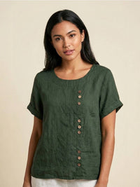 Elena | Women's Linen Round Neck Button Blouse