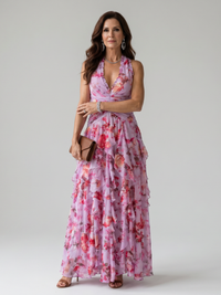 Liora | Halter Neck Ruched Bodice Floral Maxi Dress