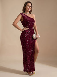 Mina | Sequin One-Shoulder High-Slit Christmas Party Maxi Dress