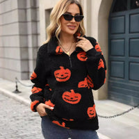 Natalia | Pumpkin-Print Front-Pocket Plush Halloween Sweater