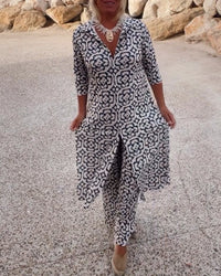 Cassandra | Women's Printed V-Neck Tunic & Wide-Leg Pants Set
