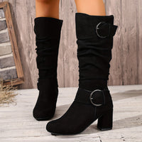 Valeria | Stylish Double-Buckle Slouchy Block Heel Knee High Boots