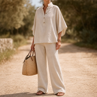 Lunari | Stand Collar Batwing Sleeve Top and Wide Leg Pant Linen Set