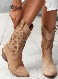 Fiona | Perforated Suede Mid-Calf Western Cowboy Boots